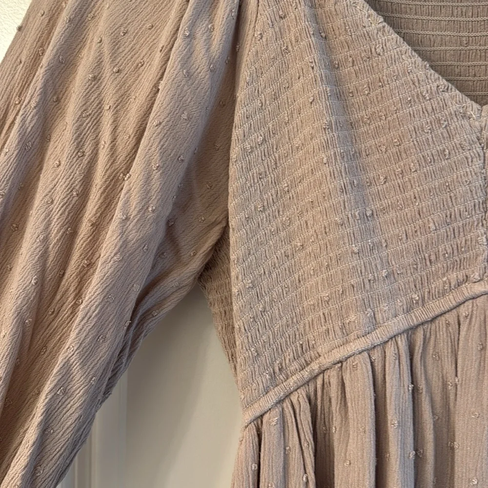 Baltic Born Lainey Smocked Swiss Dot Midi Dress Taupe Boho Long Sleeve Large - Picture 13 of 14